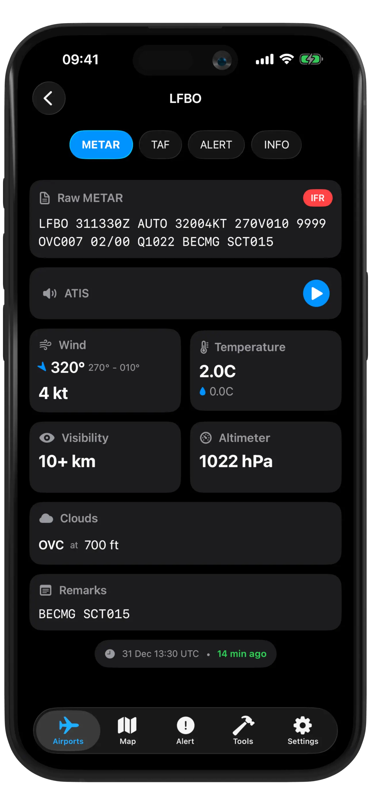 AirportWX screenshot showing METAR