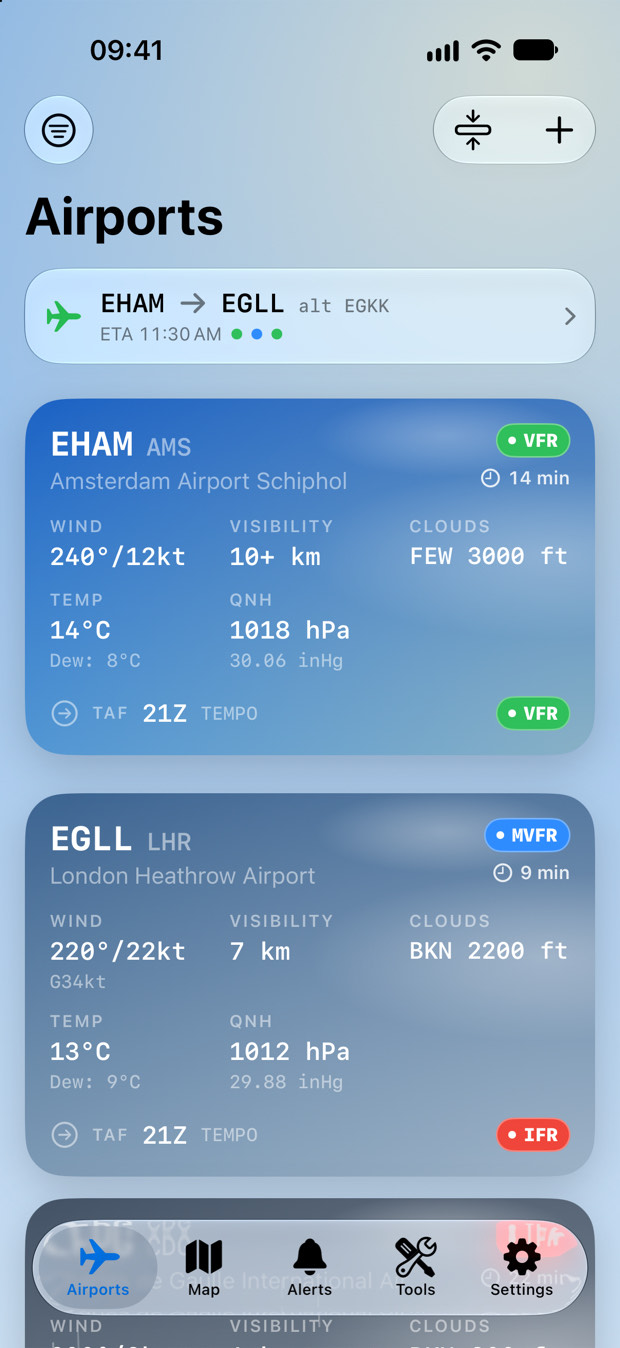 AirportWX airport list with decoded METAR for Amsterdam Schiphol and London Heathrow, showing VFR and MVFR flight rules