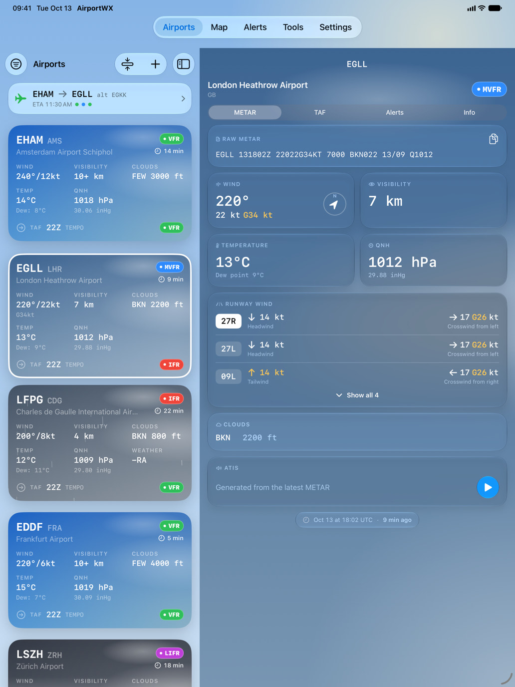 AirportWX on iPad: the airport list next to the decoded METAR for London Heathrow with runway wind and ATIS